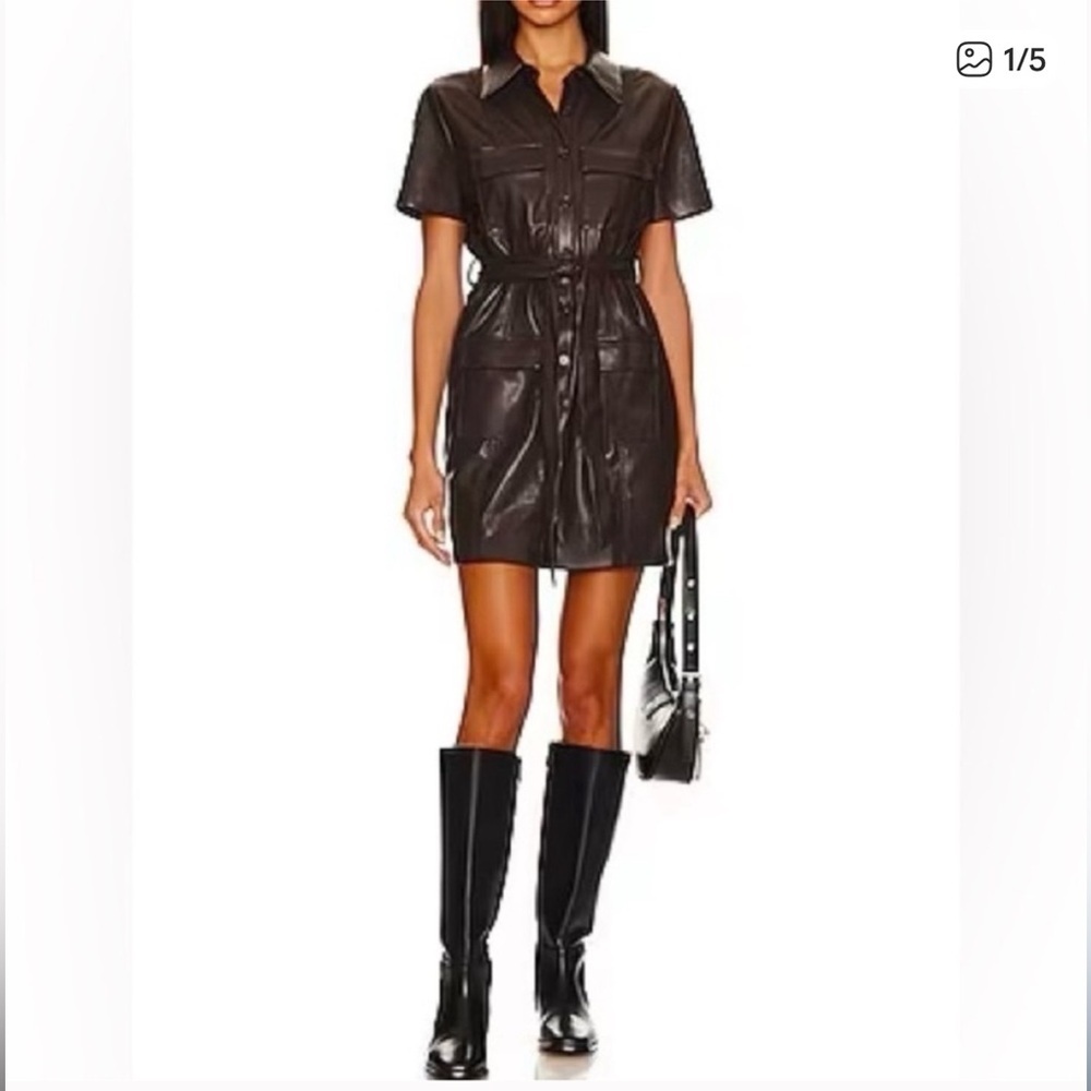 HOUSE OF HARLOW 1960 Black Faux Leather belted shirt dress size M